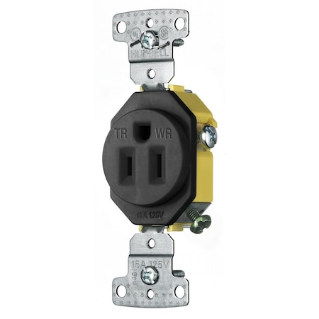 Hubbell Wiring Device-Kellems Straight Blade Receptacle, 5-15R, 15 A, 125V AC, 2 Pole, 3 Wire, Self-Grounded RR151BKWRTR